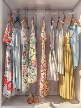 Collection of fashionable dresses and shirts on hangers in a womens closet, creating a summer-inspired display.