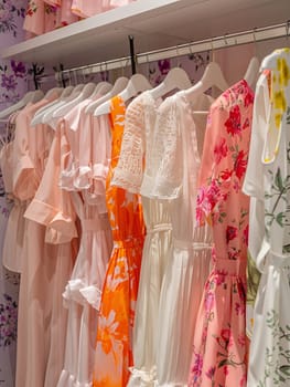 A collection of dresses and shirts neatly hung on a rack in a fashionable womens closet, showcasing a variety of summer wardrobe options.