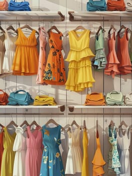 A collection of various dresses displayed on hangers in a fashionable womens closet. Creative concept of showcasing designer dresses in a clothing showroom.