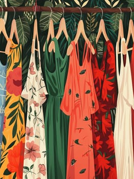 Various dresses and shirts displayed neatly on hangers in a fashionable womens closet during summer.