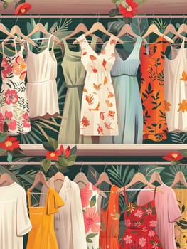 Collection of stylish dresses hanging on a rack in a womens clothing showroom.