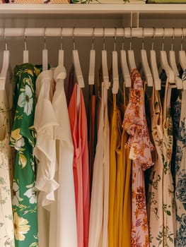 Display of summer closet with dresses and shirts neatly hung on racks in a womens clothing showroom.