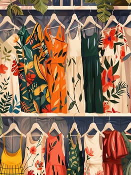 A variety of fashionable womens dresses and shirts displayed on hangers in a summer closet setting.