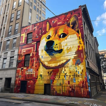 A carnivore dog painting on the side of a city building, with blue sky and fluffy clouds in the background, adding a touch of art to the facade