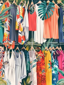 Collection of summer dresses and shirts neatly organized on hangers in a fashionable womens closet wallpaper.