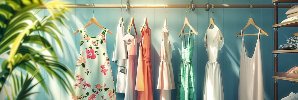 A rack of dresses and shirts on hangers in a fashionable womens closet, creating a creative concept of a clothing showroom.