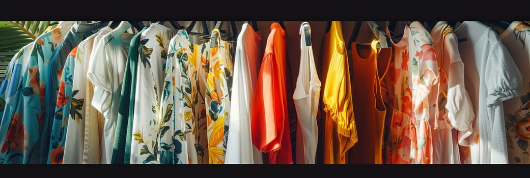 Various shirts in different colors and styles hanging on a rack in a fashionable womens closet. Creative concept of a designer dresses store.