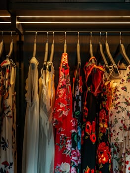 Various dresses of different styles and colors displayed on hangers in a fashion store concept.