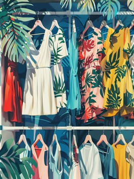 Variety of fashionable womens clothing including summer dresses and shirts hanging on a rack in a creative concept of a clothing showroom.