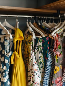 Various dresses and shirts hanging on a rack in a fashionable womens closet. Creative concept for a designer clothing store.