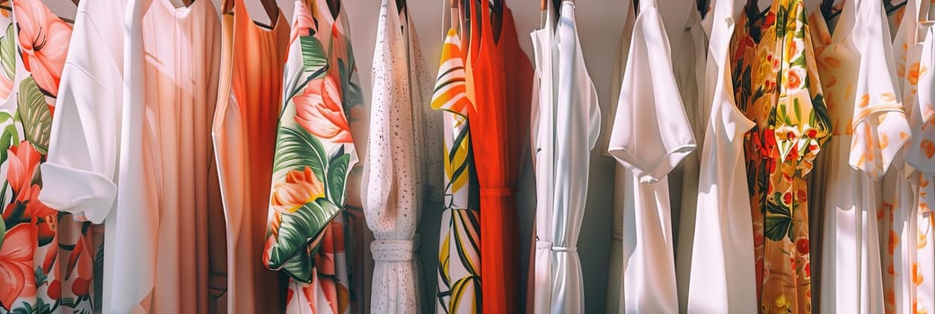 Collection of shirts and dresses hanging neatly in a closet, creating a fashionable display.