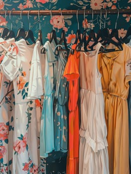 Collection of fashionable womens dresses and shirts hanging on a rack in a summer closet. Creative concept of a womens clothing showroom or designer dresses store.