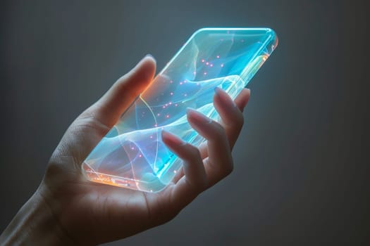 Artificial Intelligence smartphone with an interface translucent screen, technology futuristic