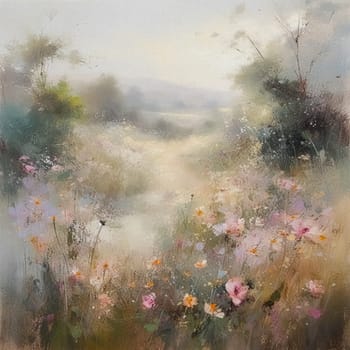 Oil style fine art painting of the English countryside, depicting romantic floral meadow, flowers field in soft pastel colours, evoking a sense of tranquility and natural beauty, printable art design