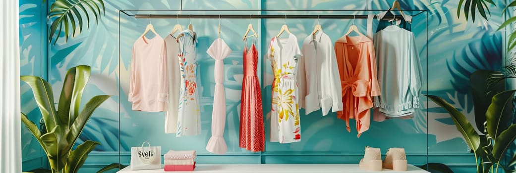 Fashionable womens closet wallpaper with summer dresses and shirts hanging on rack. Creative concept of womens clothing showroom.