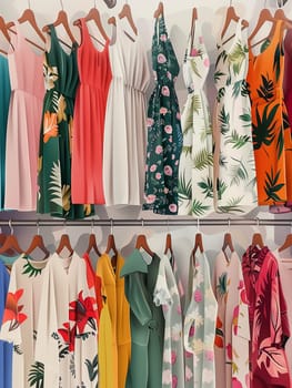 A collection of dresses and shirts hanging on racks in a fashionable womens closet. Creative concept showcasing designer dresses in a showroom.