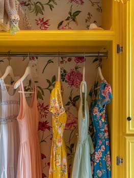 Various dresses and shirts on hangers in a fashionable womens closet, showcasing a creative concept of a clothing showroom.