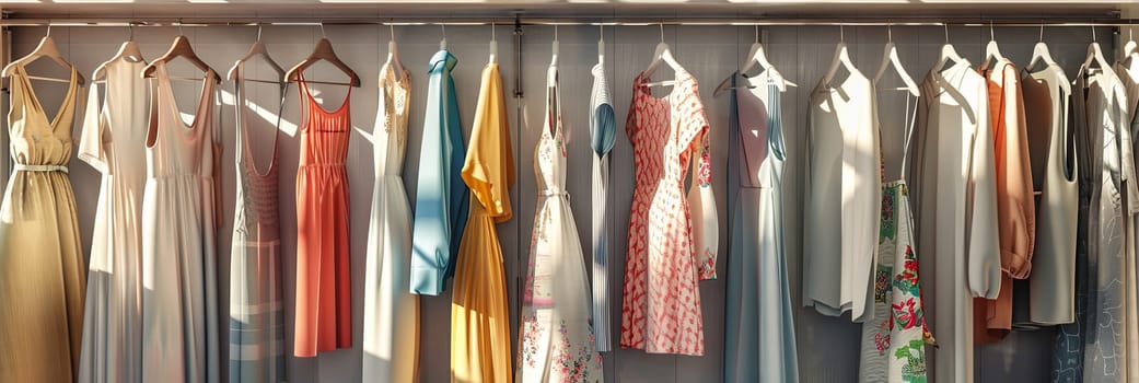 Assorted dresses and shirts hanging on a rack in a fashionable womens closet, representing a creative concept of a clothing showroom.