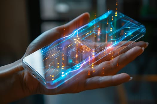 Artificial Intelligence smartphone with an interface translucent screen, technology futuristic