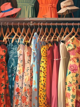 Collection of stylish dresses and shirts displayed on hangers in a womens clothing showroom.