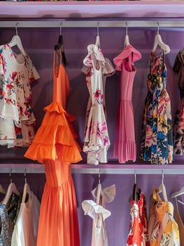 Clothing rack filled with colorful dresses and shirts, creating a vibrant display in a womens clothing store.