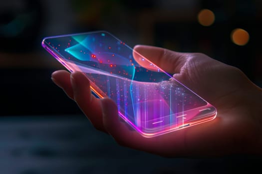 Artificial Intelligence smartphone with an interface translucent screen, technology futuristic