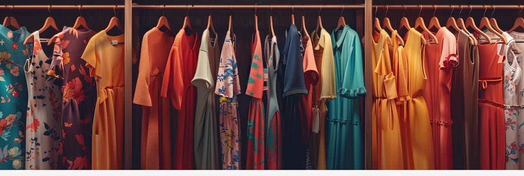 A rack of vibrant shirts hanging on clothes racks in a fashionable womens closet. Creative concept of a clothing showroom with designer dresses.