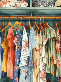 Collection of shirts on hangers in a stylish womens closet arrangement.