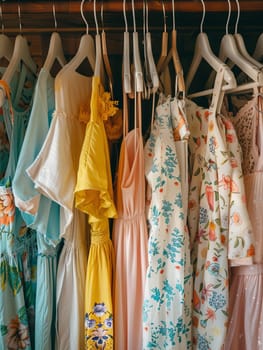 Assortment of dresses hanging on a rack in a fashion store. Creative concept for a womens clothing showroom.