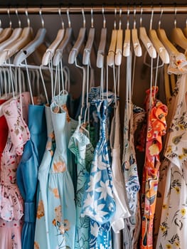 Display of colorful shirts and ties hanging on a rack in a fashionable womens closet.