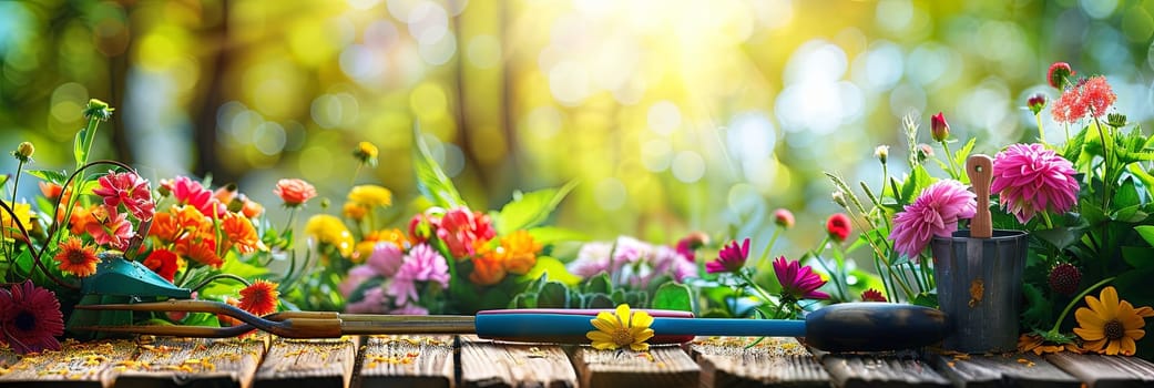 A variety of colorful flowers and gardening tools arranged on a wooden table, set against a blurred natural backdrop.