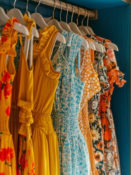 Display of fashionable womens dresses and shirts hanging on a rack in a summer closet showroom.