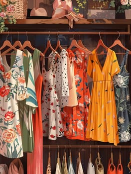 Assorted dresses and shirts neatly displayed on hangers in a fashionable womens closet. Representing a summer wardrobe collection.