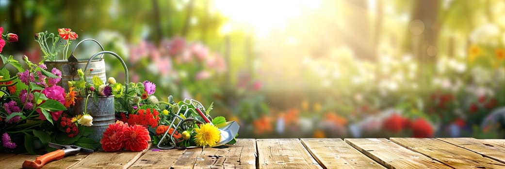 Colorful flowers and gardening tools adorn a wooden table, set against a blurred natural background.