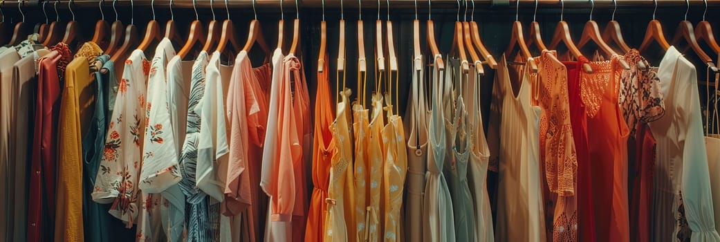 A rack full of dresses and shirts hanging neatly in a fashionable womens closet setting, showcasing a summer collection.