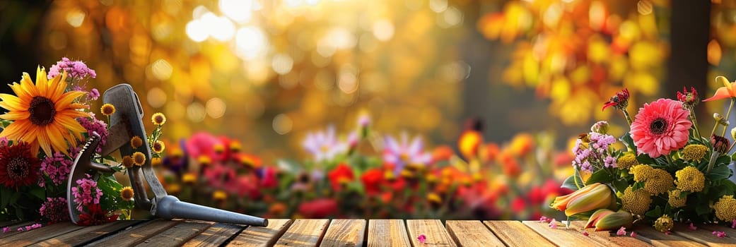 Wooden table covered with numerous vibrant flowers and various garden tools, set against a blurred natural backdrop.