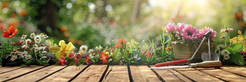 Colorful flowers and garden tools arranged on a wooden table against a blurred natural backdrop.