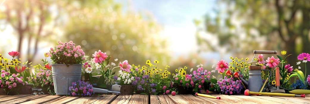 Colorful potted plants and gardening tools arranged neatly on a wooden table outdoors with a blurred natural background.