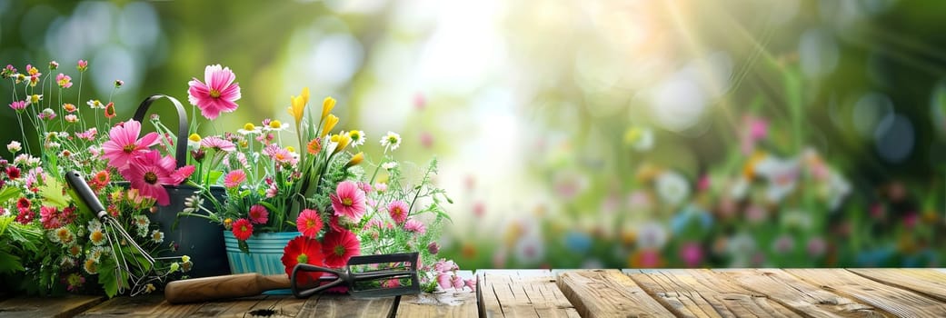 A wooden table adorned with a variety of colorful flowers and garden tools against a blurred natural background.