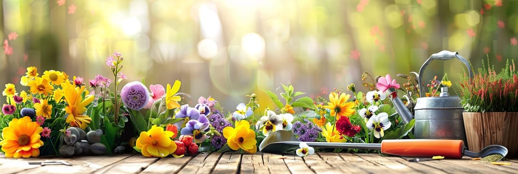 A wooden table is covered with an array of vibrant flowers and gardening tools, set against a blurred natural background.