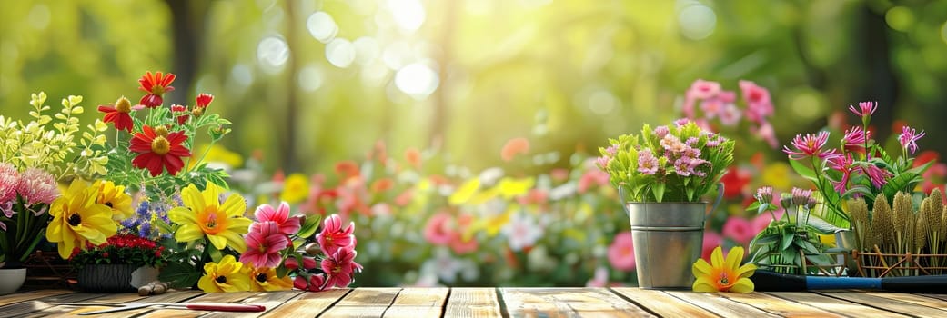 A wooden table covered with an array of vibrant flowers and garden tools against a blurred natural backdrop.