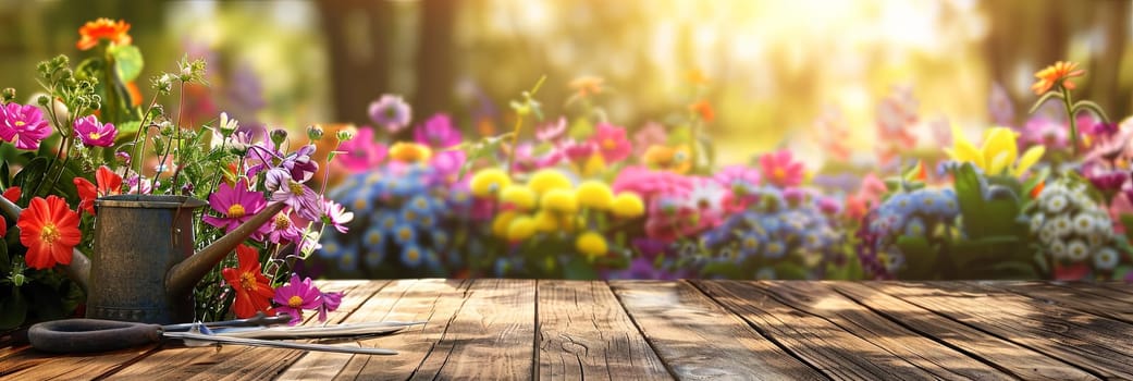 Colorful flowers and garden tools arranged neatly on a wooden table with a blurred natural background.