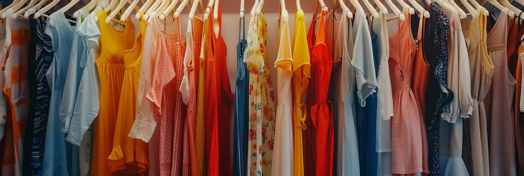 A closet filled with an array of colorful shirts on hangers, showcasing a diverse selection of fashion choices for women.