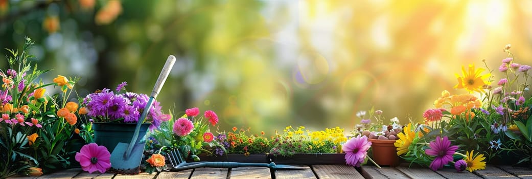 Abundance of vibrant flowers and garden tools arranged neatly on a wooden table, set against a blurred natural backdrop.