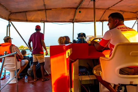 Mirissa Beach Southern Province Sri Lanka 19. March 2018 Boat trip catamaran ship tour blue whale tourists people and sea ocean and water in Mirissa Beach Matara District Southern Province Sri Lanka.