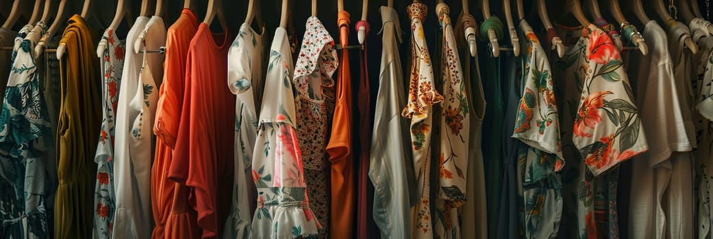 Fashionable womens closet wallpaper with summer dresses and shirts on hangers, a creative concept for a designer clothing store.