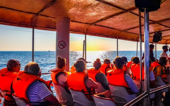 Mirissa Beach Southern Province Sri Lanka 19. March 2018 Boat trip catamaran ship tour blue whale tourists people and sea ocean and water in Mirissa Beach Matara District Southern Province Sri Lanka.