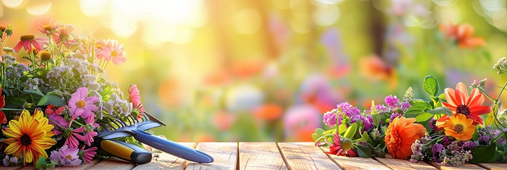 Wooden table filled with an abundance of colorful flowers, garden tools scattered around, against a blurred natural backdrop.