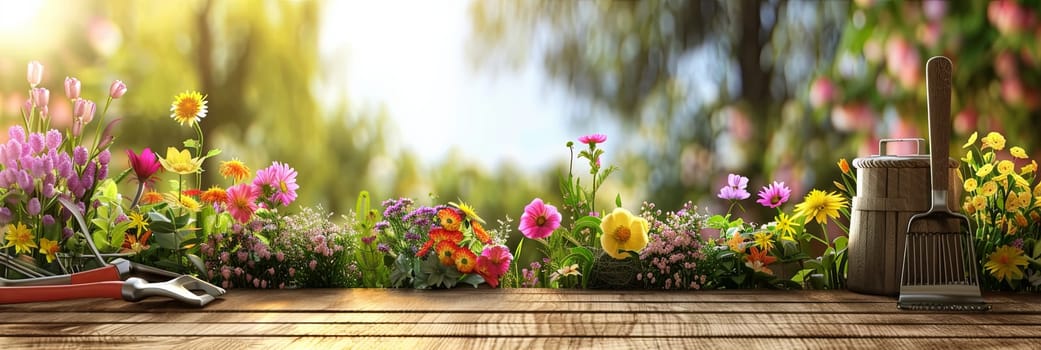 Various colorful flowers and garden tools arranged neatly on a wooden table, against a blurred natural background.