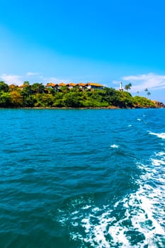 Seascape landscape and tropical nature panorama view on blue whale boat trip catamaran tour in Mirissa Beach Matara District Southern Province Sri Lanka.